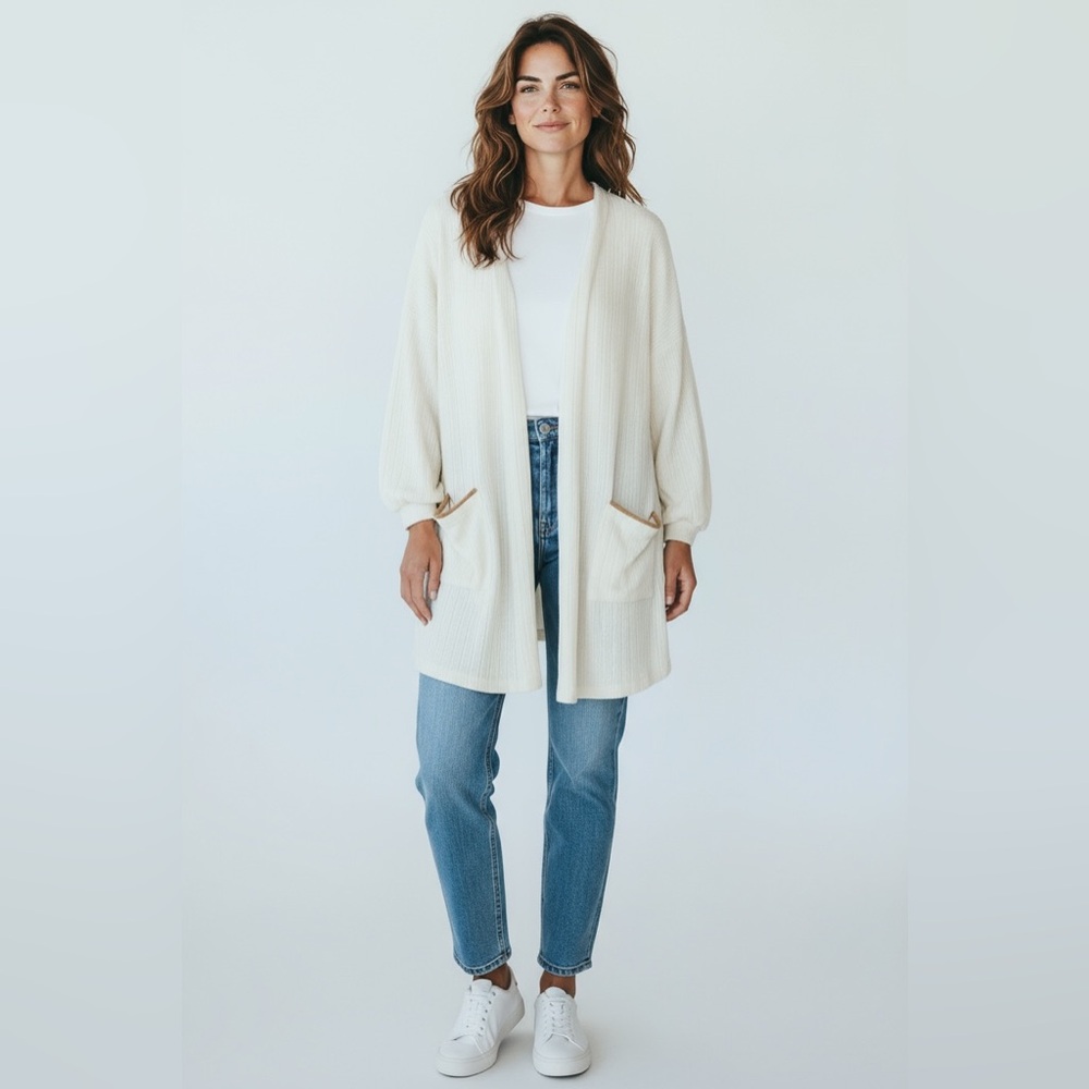 Blu Pepper Cream Open-Front Ribbed Cardigan